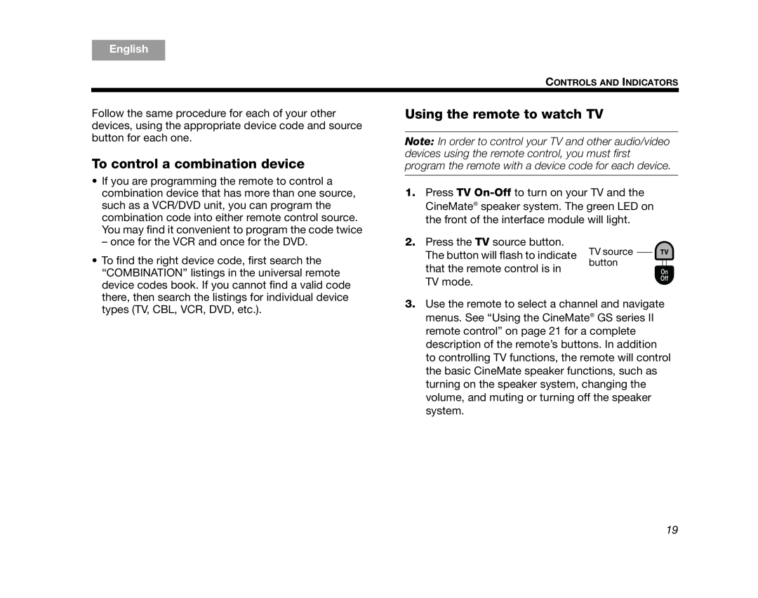 Bose 320573-1100 manual To control a combination device, Using the remote to watch TV, English 