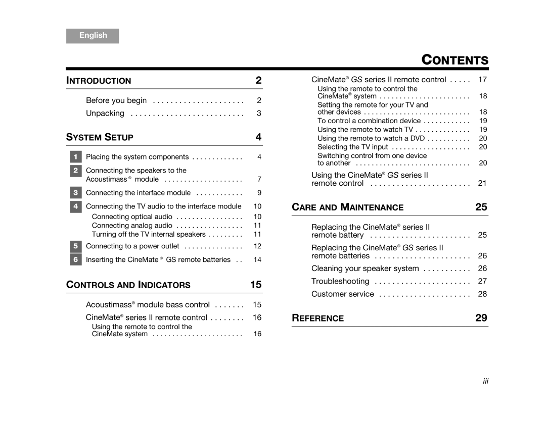 Bose 320573-1100 manual Contents, DeutschEspañol FrançaisItliano Nederlands Svenska, Introduction, System Setup, Reference 