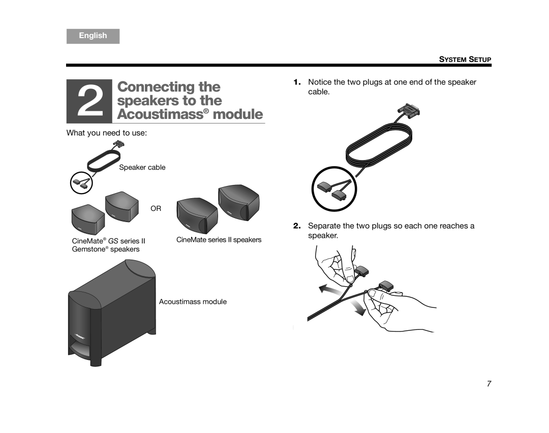 Bose 320573-1100 manual Connecting the 2 speakers to the, Acoustimass module, English 