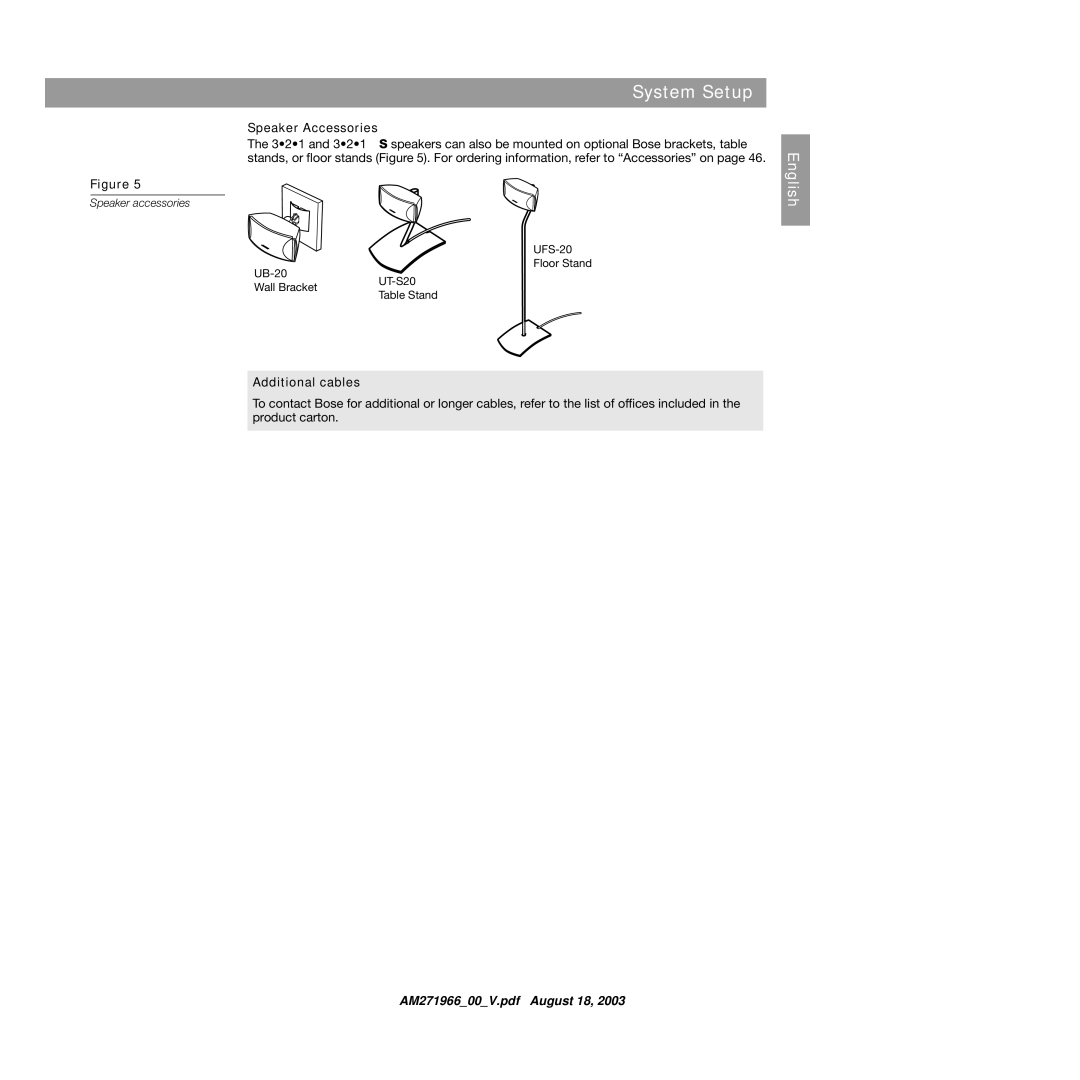 Bose 321GS manual Speaker Accessories, Additional cables 