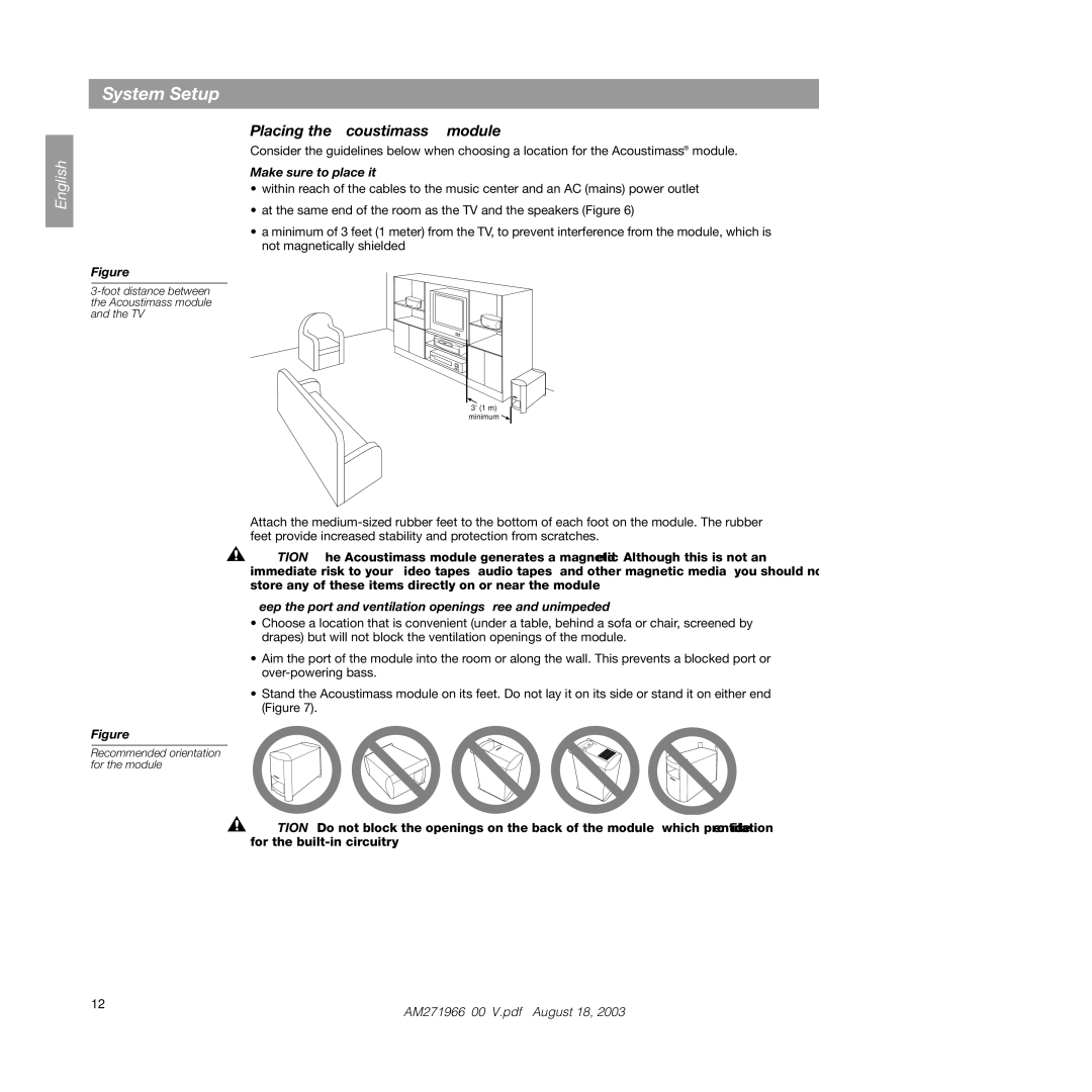 Bose 321 Placing the Acoustimass module, Make sure to place it, Keep the port and ventilation openings free and unimpeded 