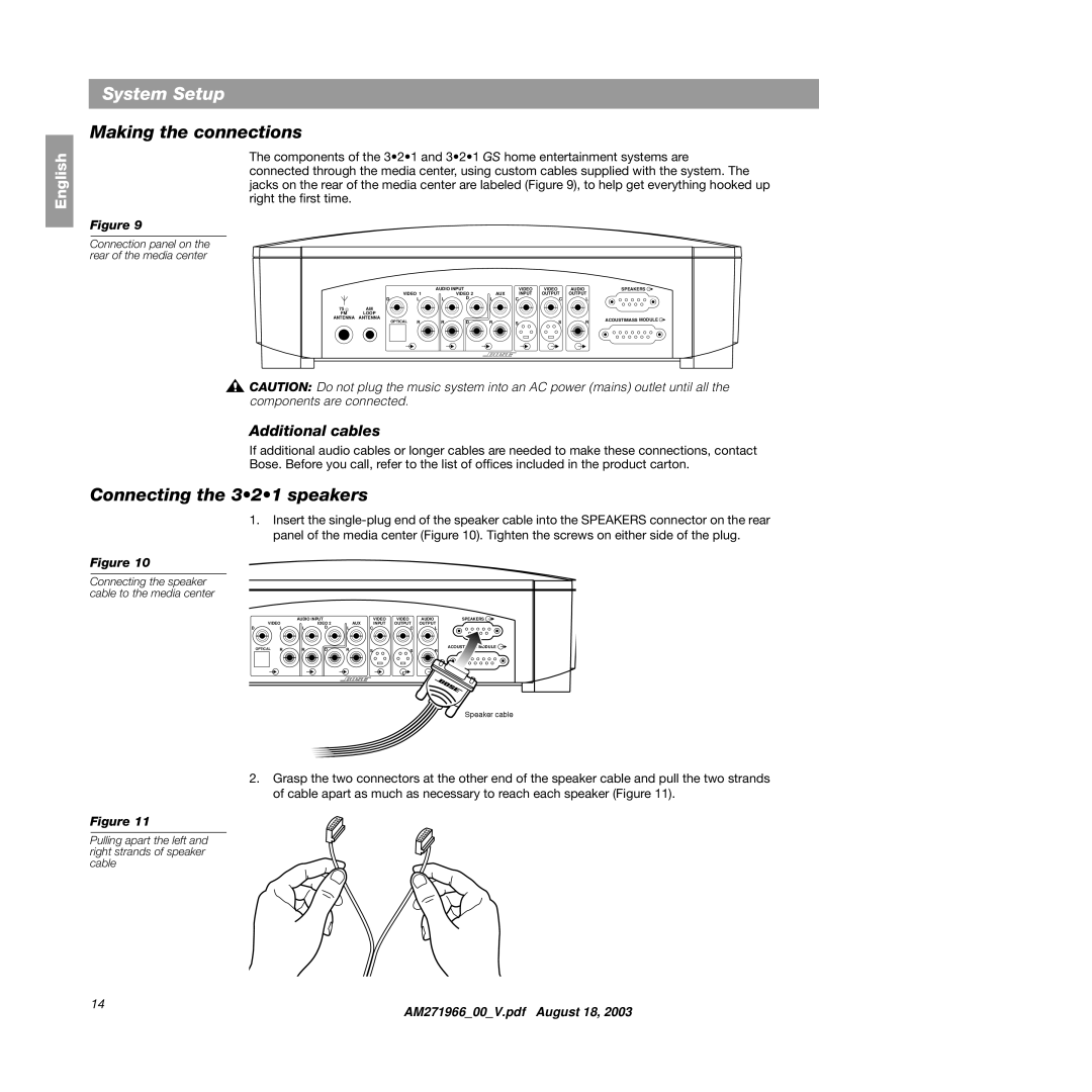 Bose 321GS manual Making the connections, Connecting the 321 speakers, Additional cables 