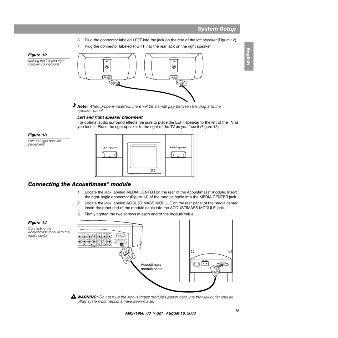 Bose 321GS manual Connecting the Acoustimass module, Left and right speaker placement 