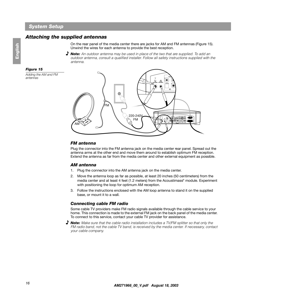 Bose 321GS manual Attaching the supplied antennas, FM antenna, AM antenna, Connecting cable FM radio 