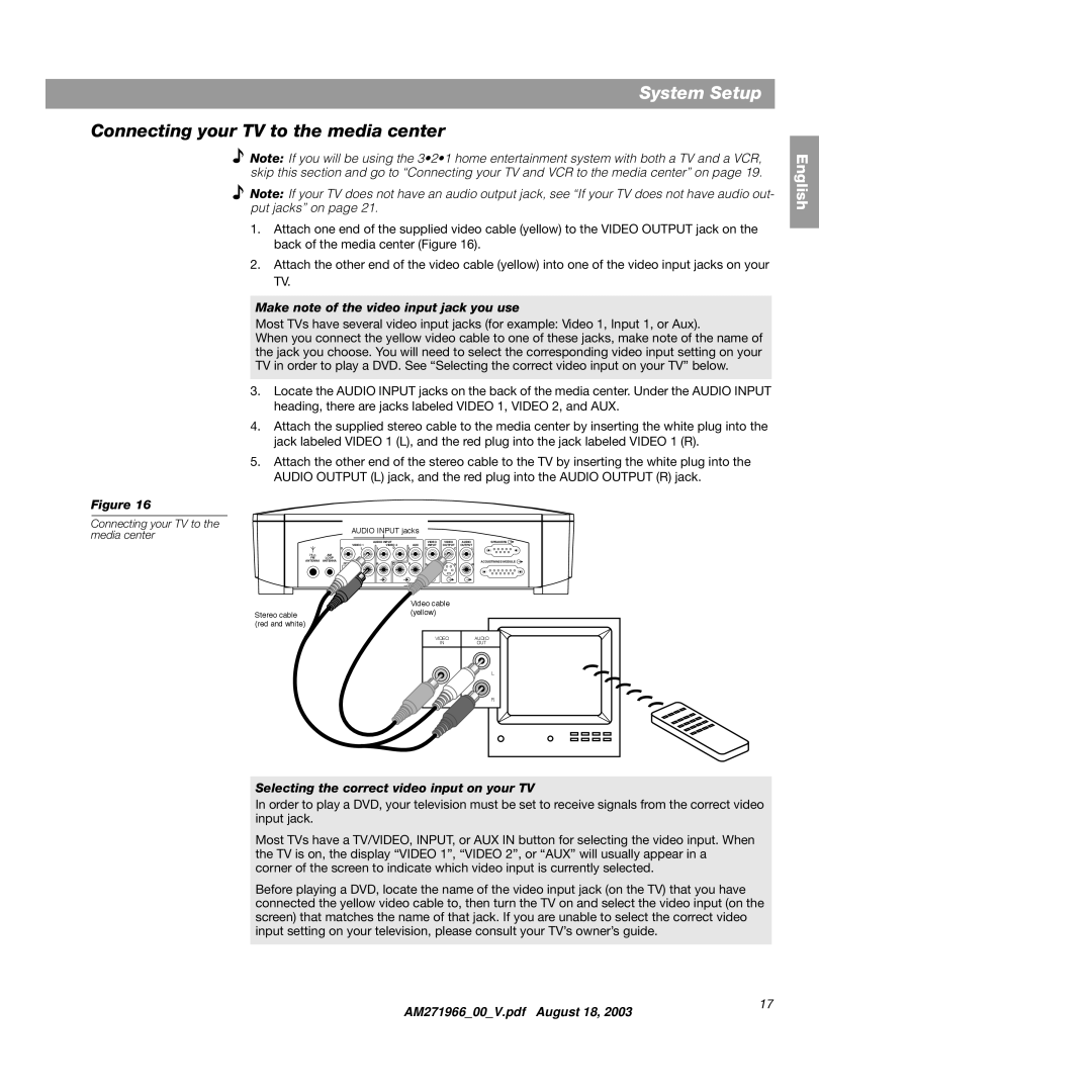 Bose 321GS manual Connecting your TV to the media center, Make note of the video input jack you use 