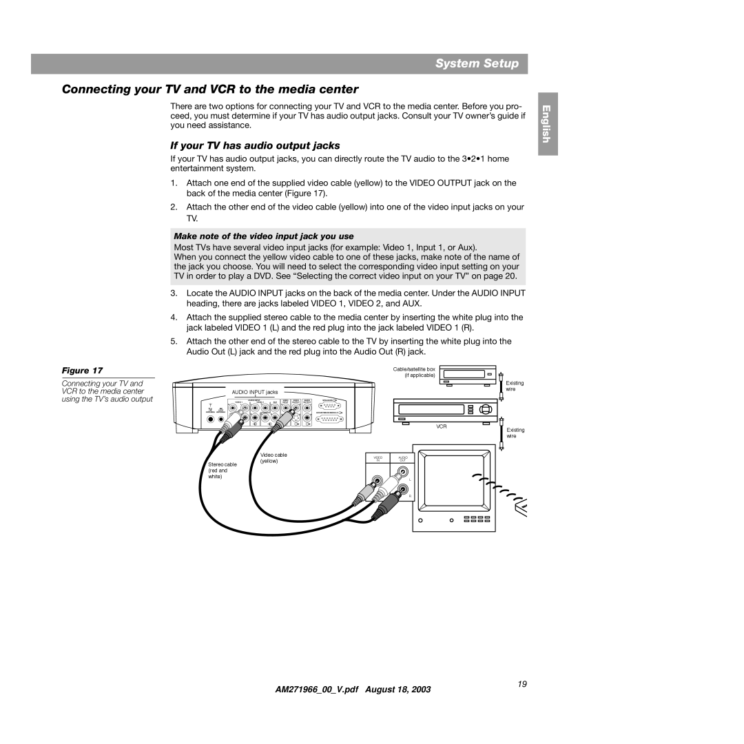 Bose 321GS manual Connecting your TV and VCR to the media center, If your TV has audio output jacks 