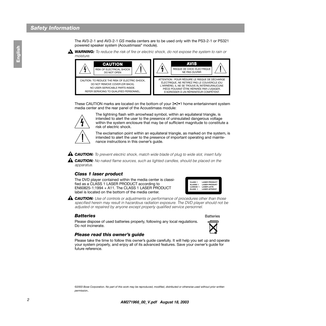 Bose 321GS manual Safety Information, Class 1 laser product, Batteries, Please read this owner’s guide 