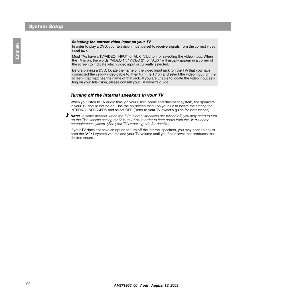 Bose 321GS manual Selecting the correct video input on your TV 