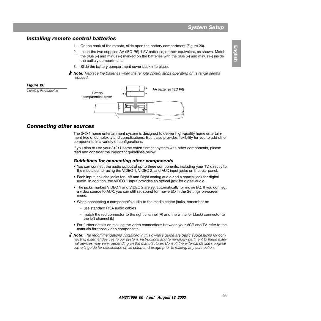 Bose 321GS manual Installing remote control batteries, Connecting other sources, Guidelines for connecting other components 