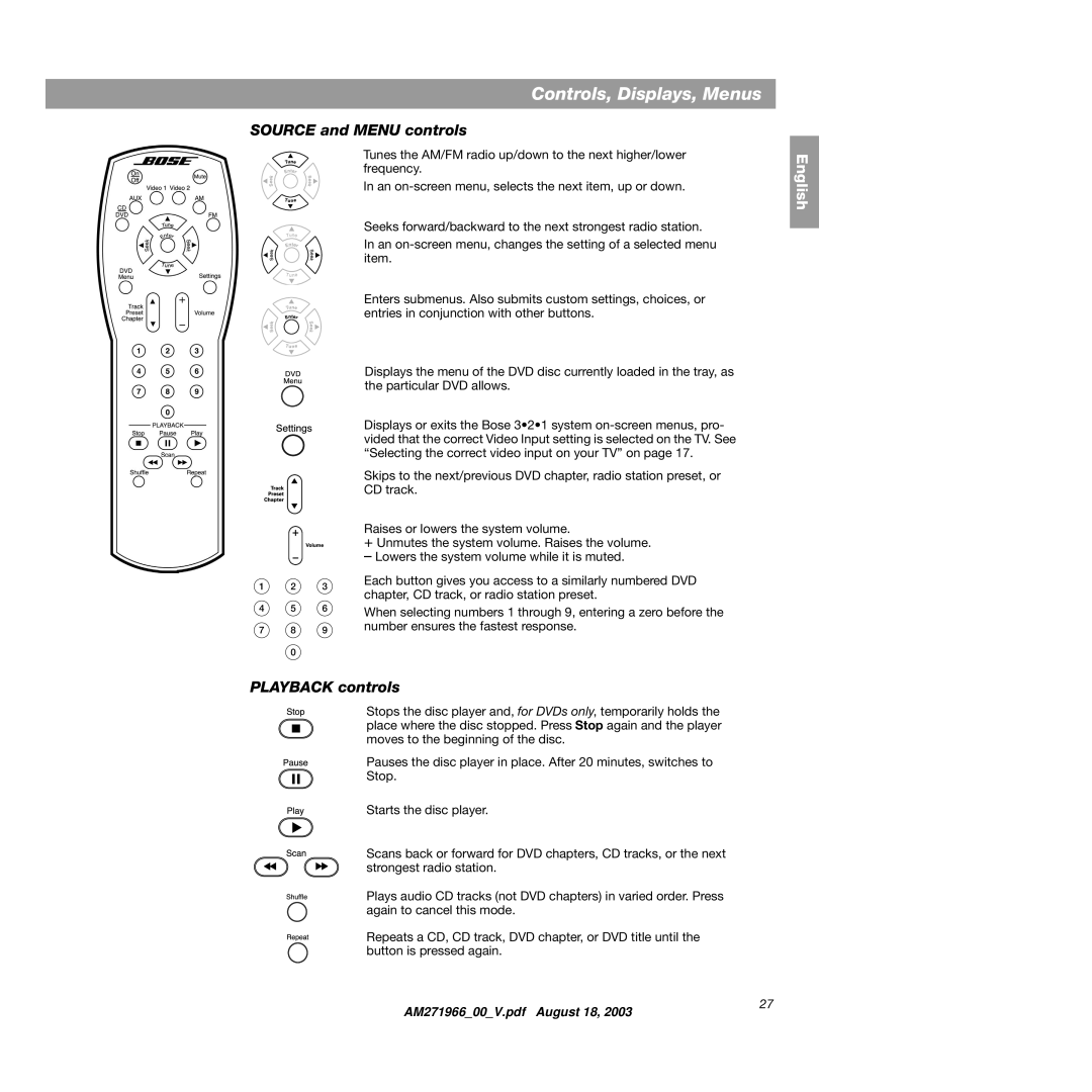 Bose 321GS manual Source and Menu controls, Playback controls 