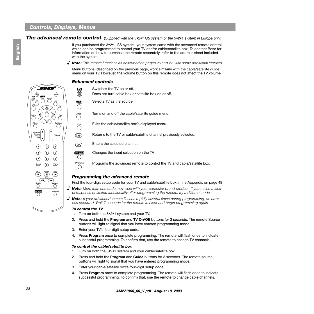 Bose 321GS Enhanced controls, Programming the advanced remote, To control the TV, To control the cable/satellite box 