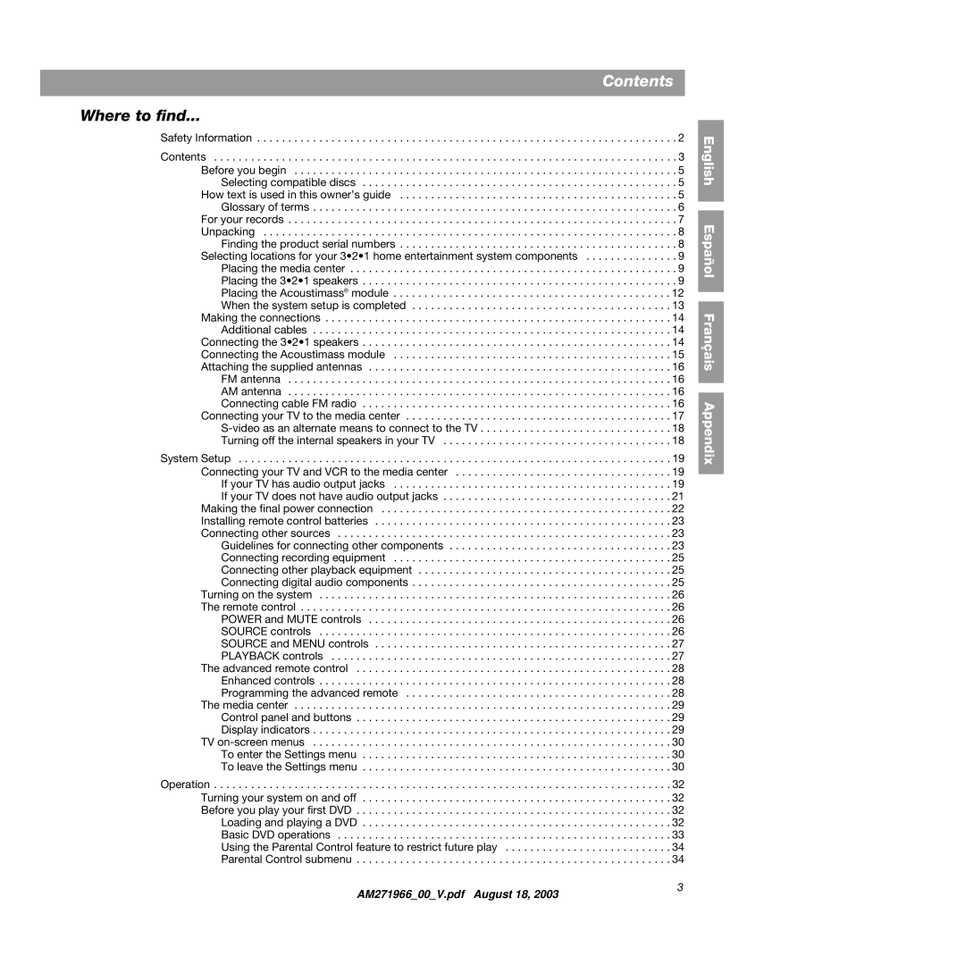 Bose 321GS manual Contents 