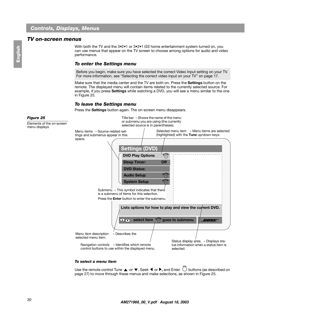 Bose 321GS manual TV on-screen menus, To enter the Settings menu, To leave the Settings menu, To select a menu item 