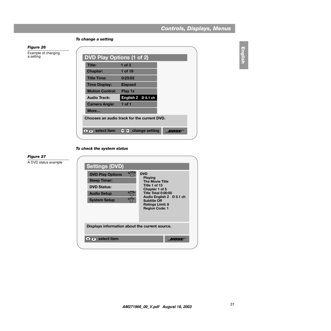 Bose 321GS manual To change a setting, To check the system status 