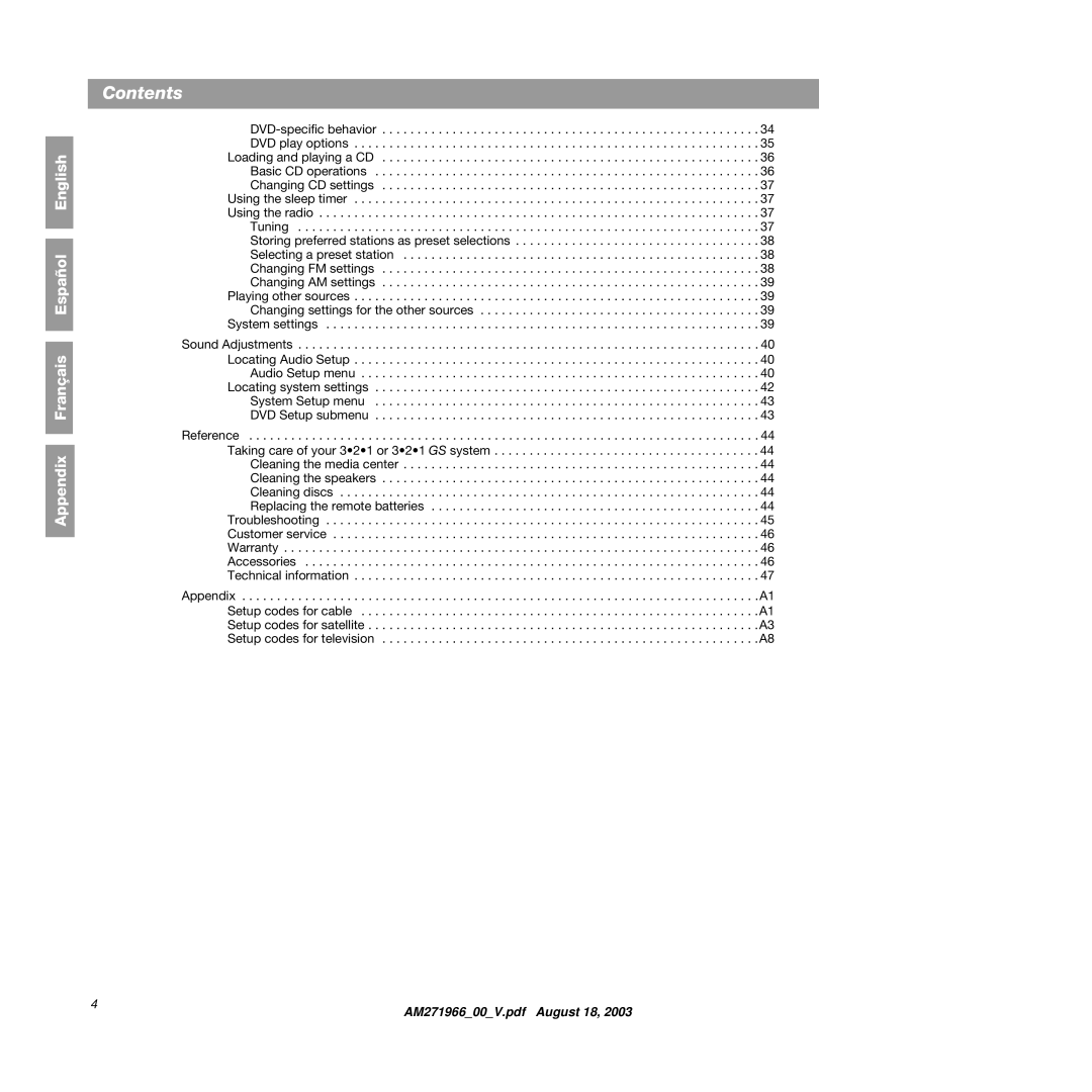 Bose 321GS manual Appendix Français Español English 