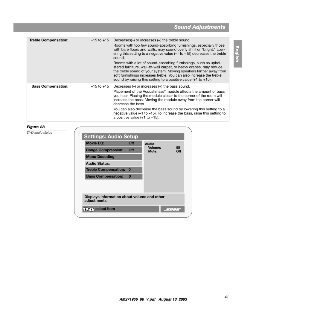 Bose 321GS manual Settings Audio Setup 