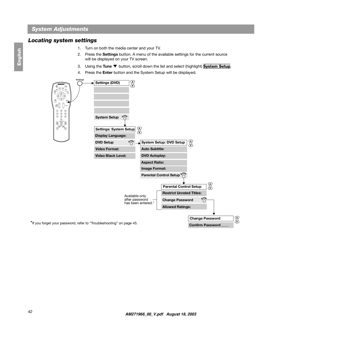 Bose 321GS manual System Adjustments, Locating system settings 