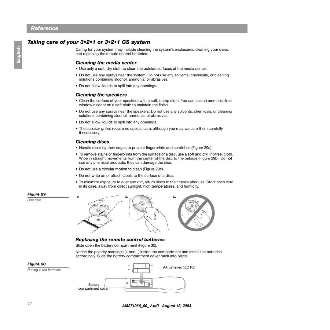 Bose 321GS manual Reference, Taking care of your 321 or 321 GS system 