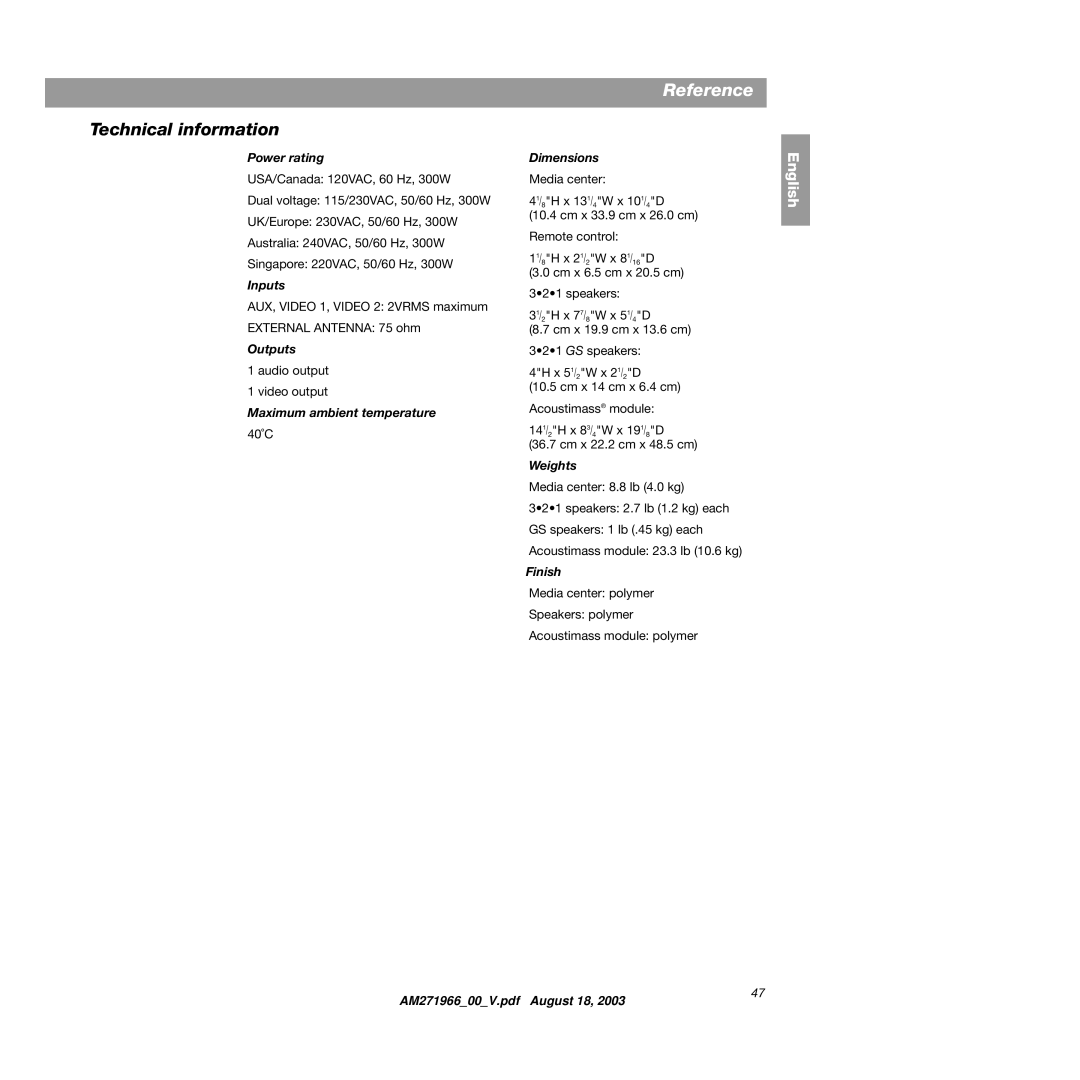 Bose 321GS manual Technical information 