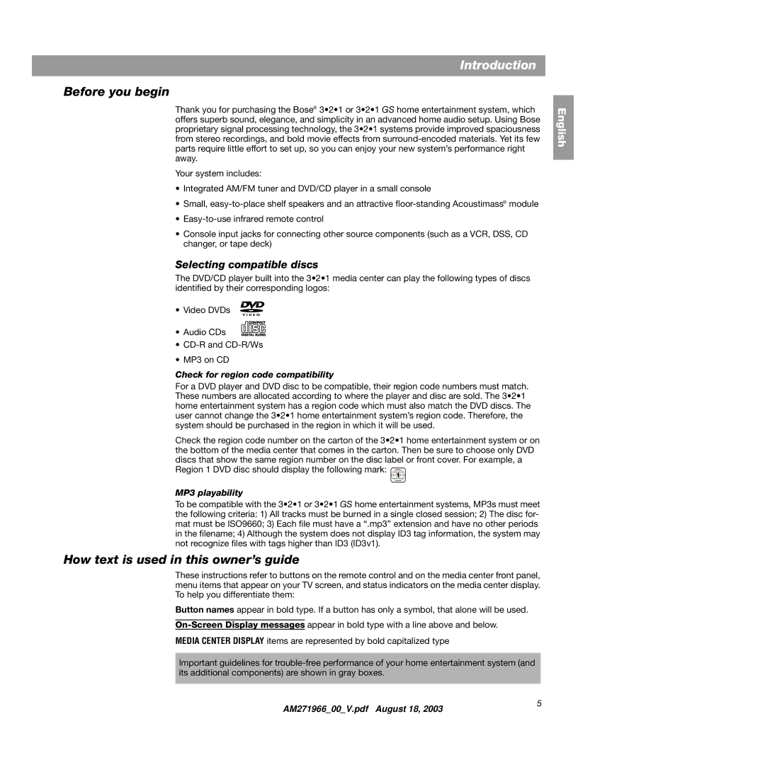 Bose 321GS manual Introduction, Before you begin, How text is used in this owner’s guide, Selecting compatible discs 