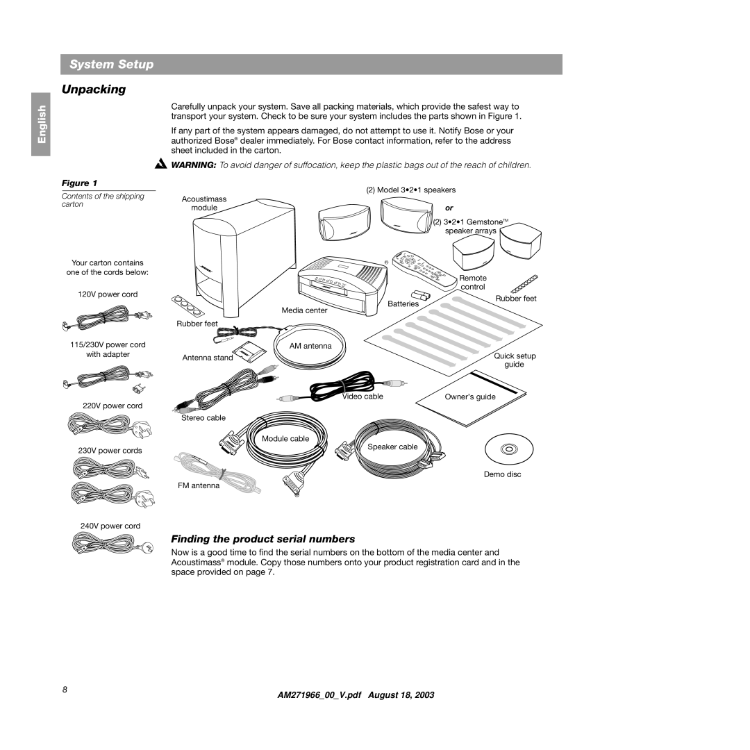 Bose 321GS manual System Setup, Unpacking, Finding the product serial numbers 