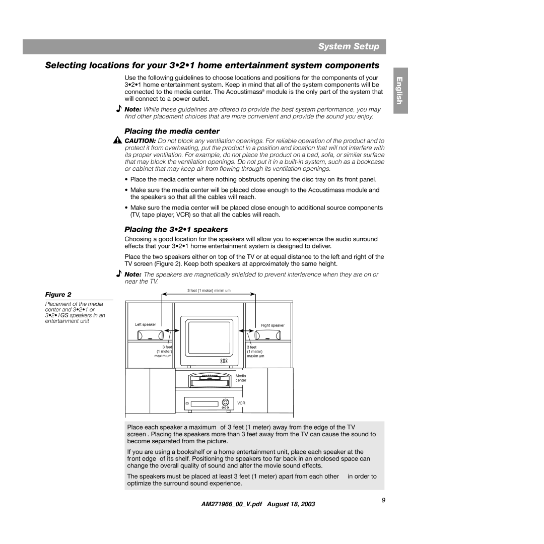 Bose 321GS manual Placing the media center, Placing the 321 speakers 