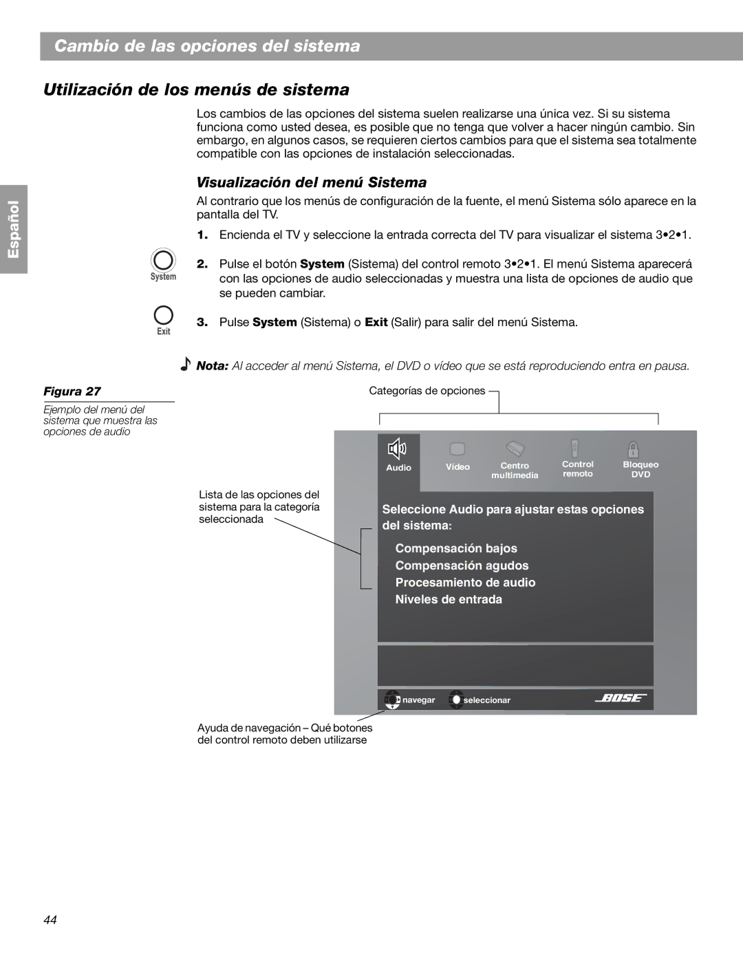 Bose 3.2.1 GS Series II, 3.2.1 Series II manual Cambio de las opciones del sistema, Utilización de los menús de sistema 