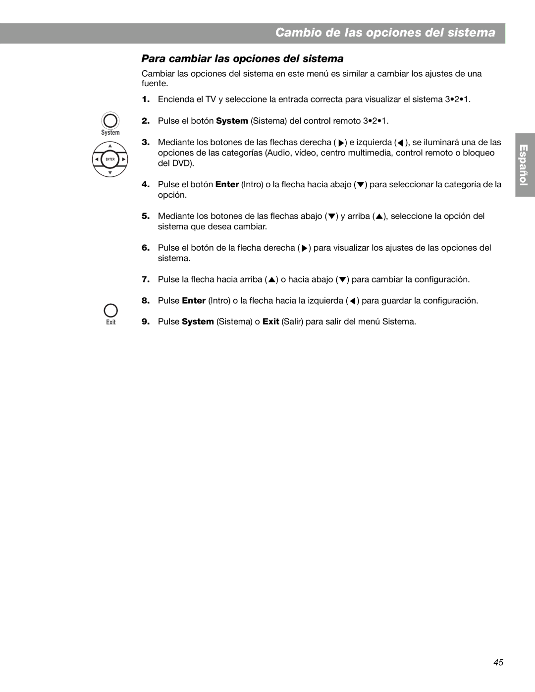 Bose 3.2.1 GS Series II, 3.2.1 Series II manual Para cambiar las opciones del sistema 