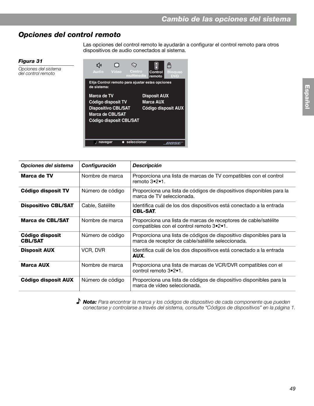 Bose 3.2.1 GS Series II, 3.2.1 Series II manual Opciones del control remoto 