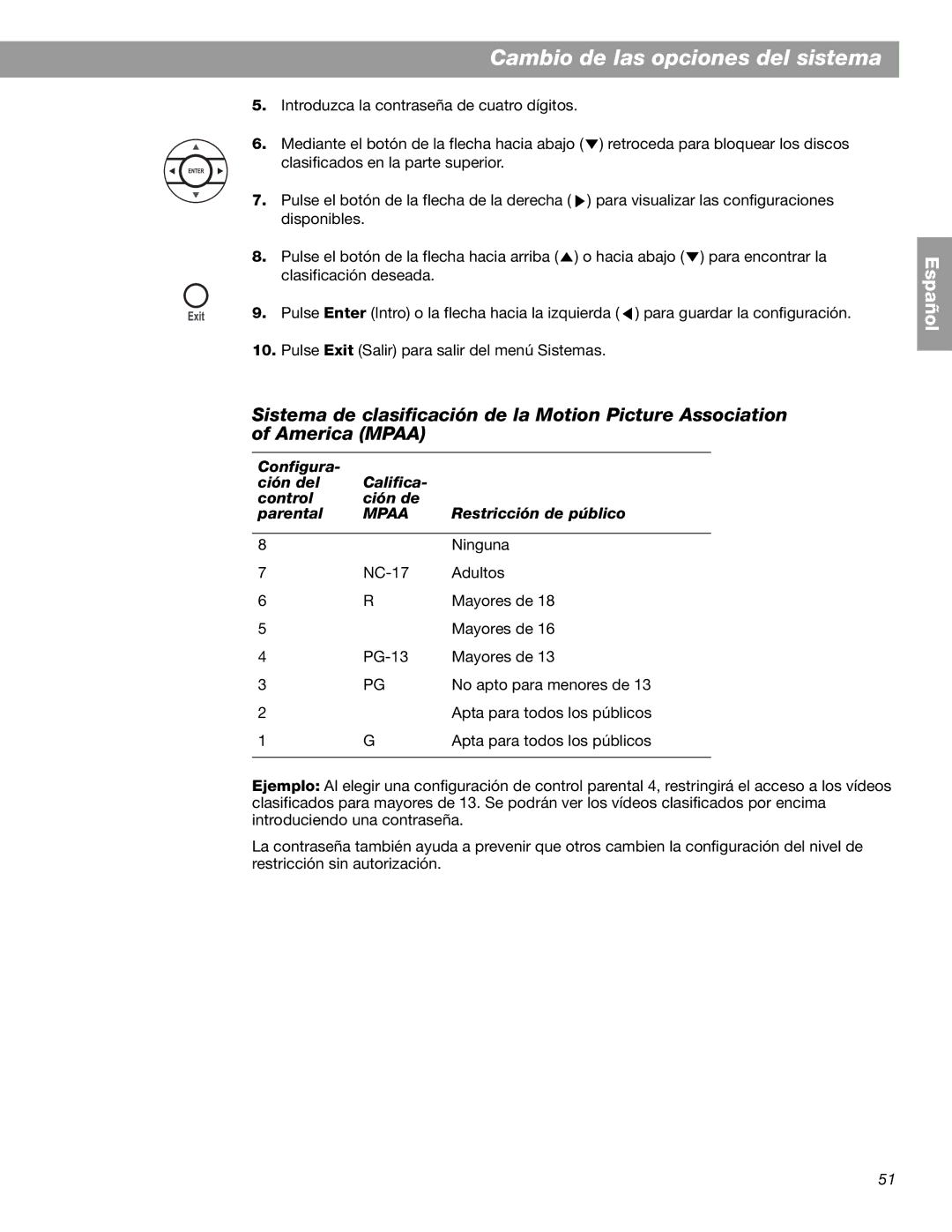 Bose 3.2.1 GS Series II, 3.2.1 Series II manual Configura Ción del Califica Control Parental, Restricción de público 