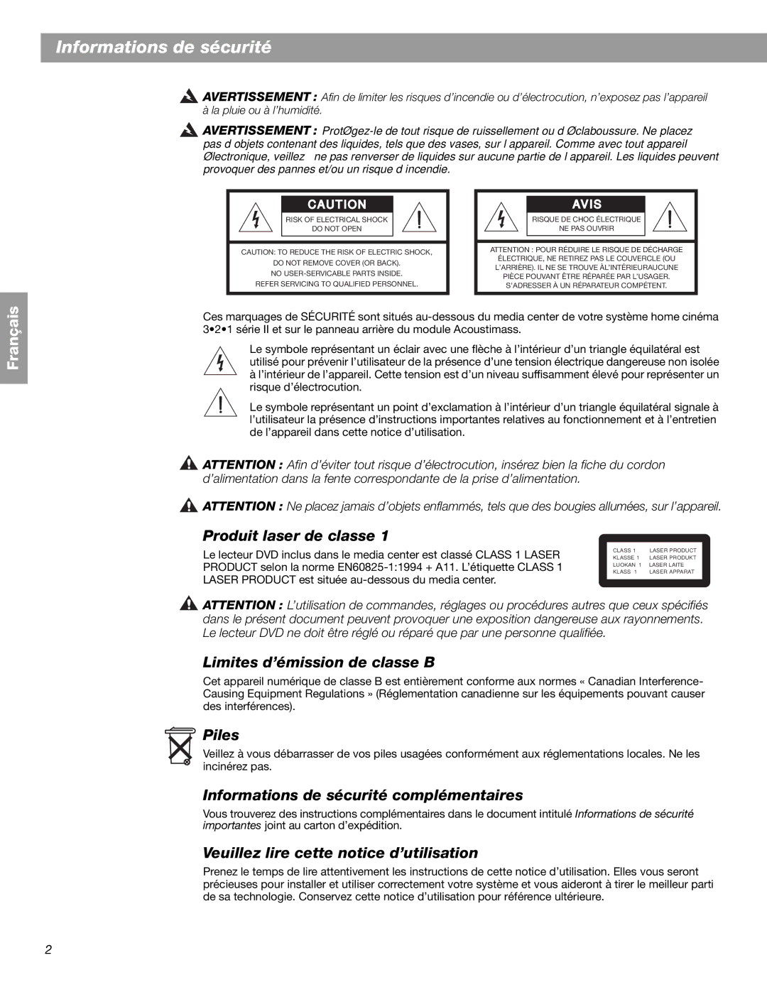 Bose 3.2.1 GS Series II, 3.2.1 Series II manual Informations de sécurité 