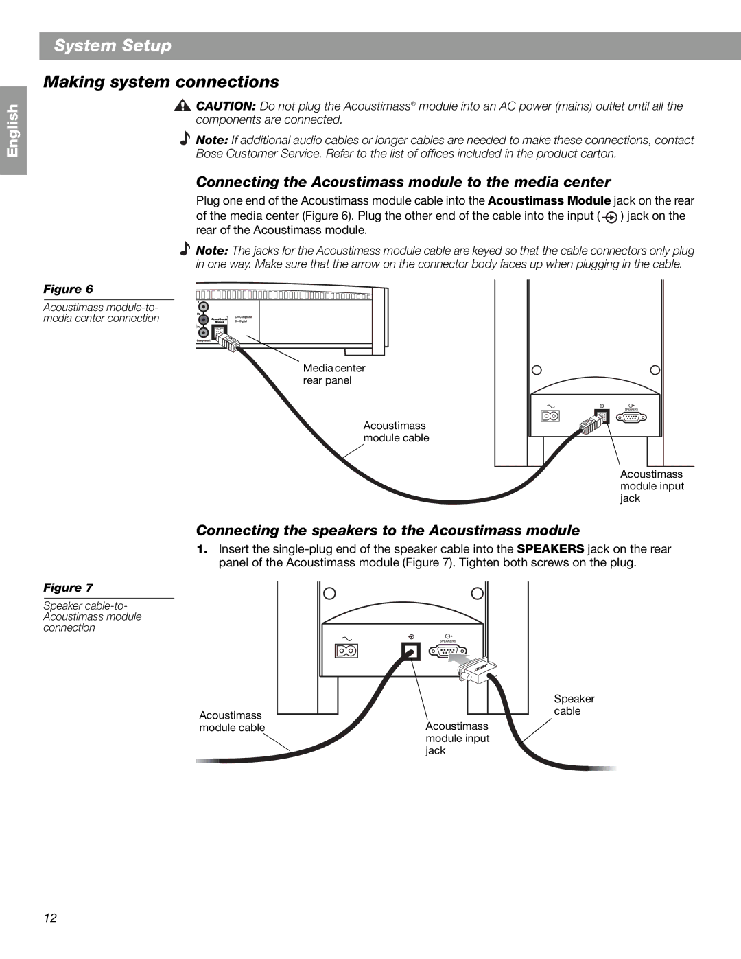 Bose 3.2.1 GS Series II, 3.2.1 Series II Making system connections, Connecting the Acoustimass module to the media center 