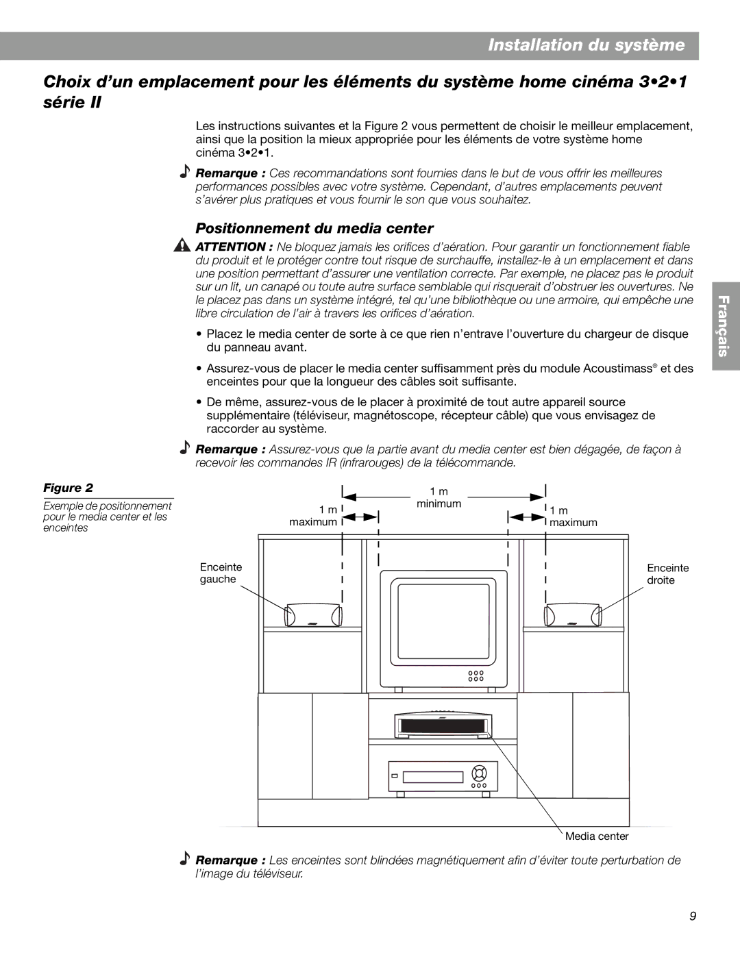 Bose 3.2.1 GS Series II, 3.2.1 Series II manual Positionnement du media center 