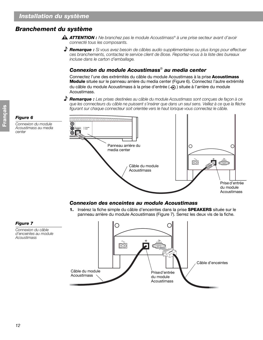 Bose 3.2.1 GS Series II, 3.2.1 Series II manual Branchement du système, Connexion du module Acoustimass au media center 