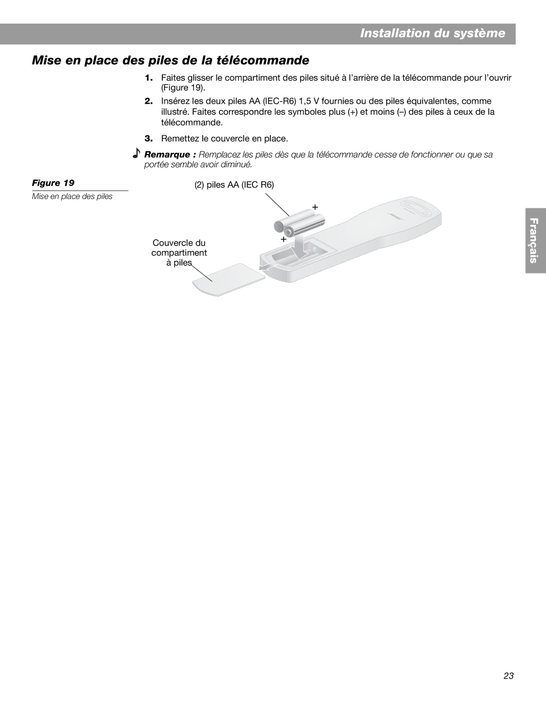 Bose 3.2.1 GS Series II, 3.2.1 Series II manual Mise en place des piles de la télécommande 
