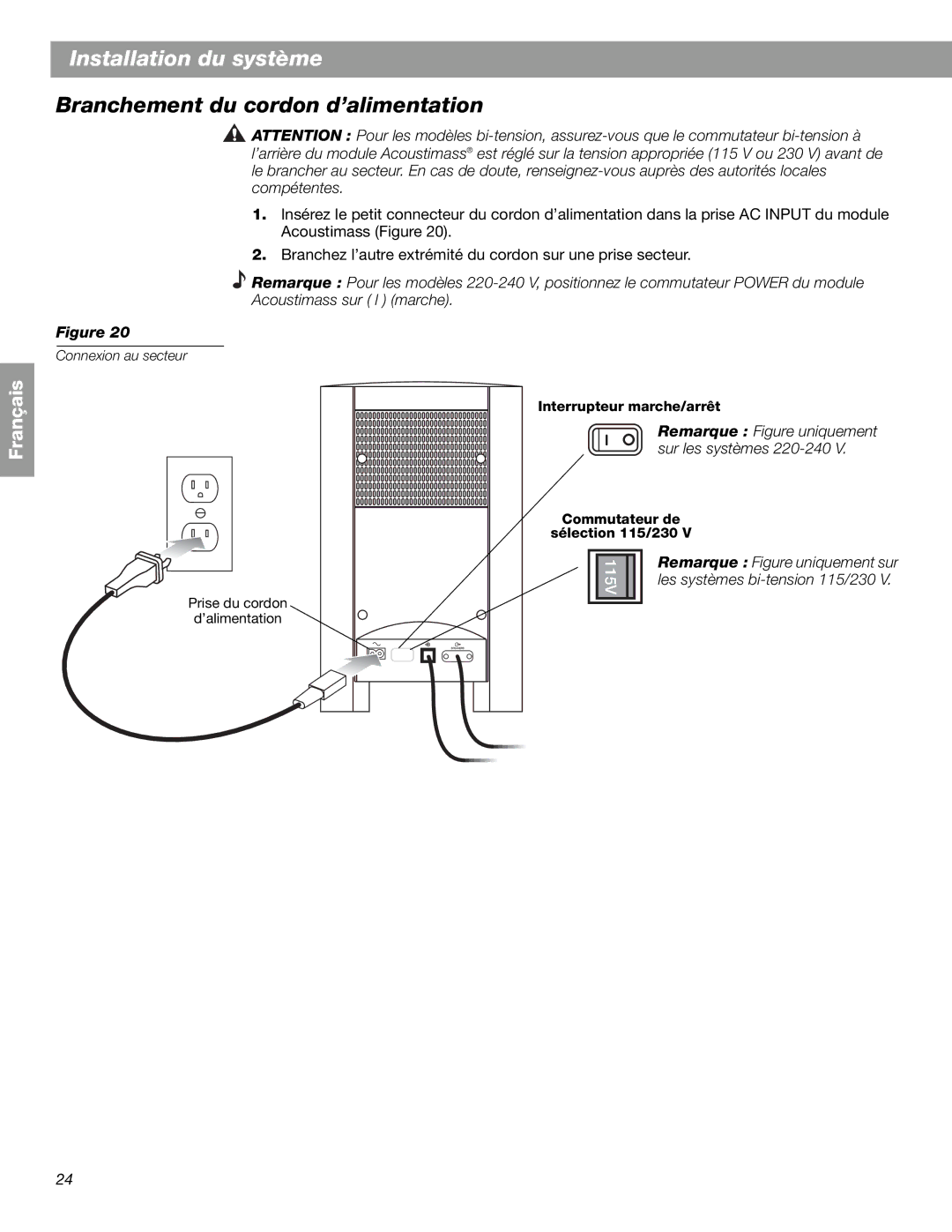 Bose 3.2.1 GS Series II, 3.2.1 Series II manual Branchement du cordon d’alimentation 