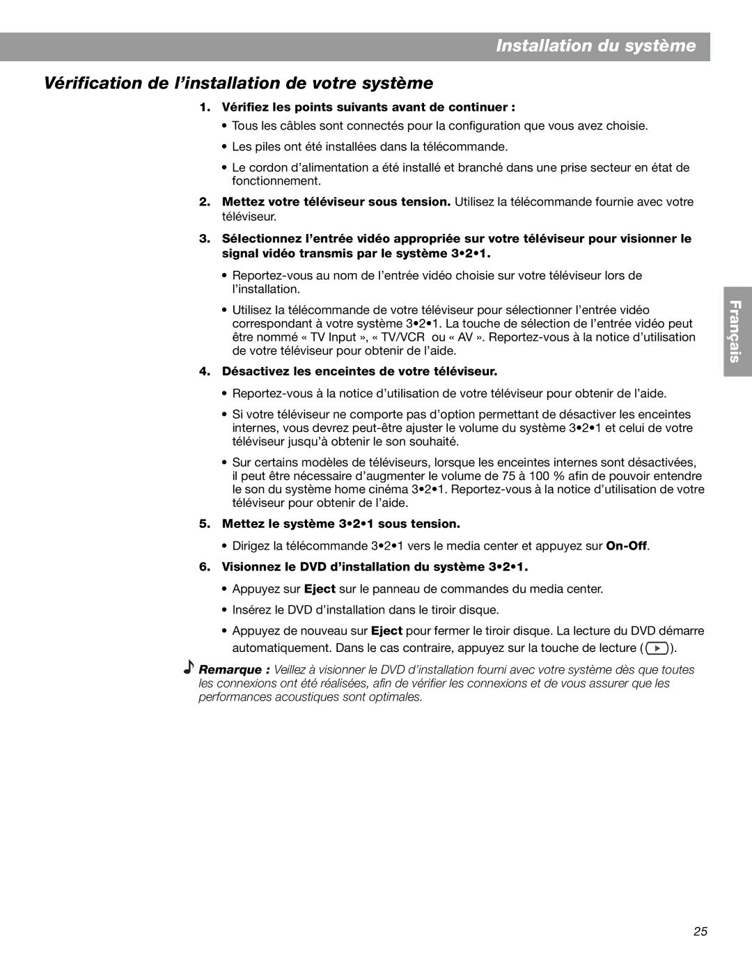 Bose 3.2.1 GS Series II, 3.2.1 Series II manual Vérification de l’installation de votre système 