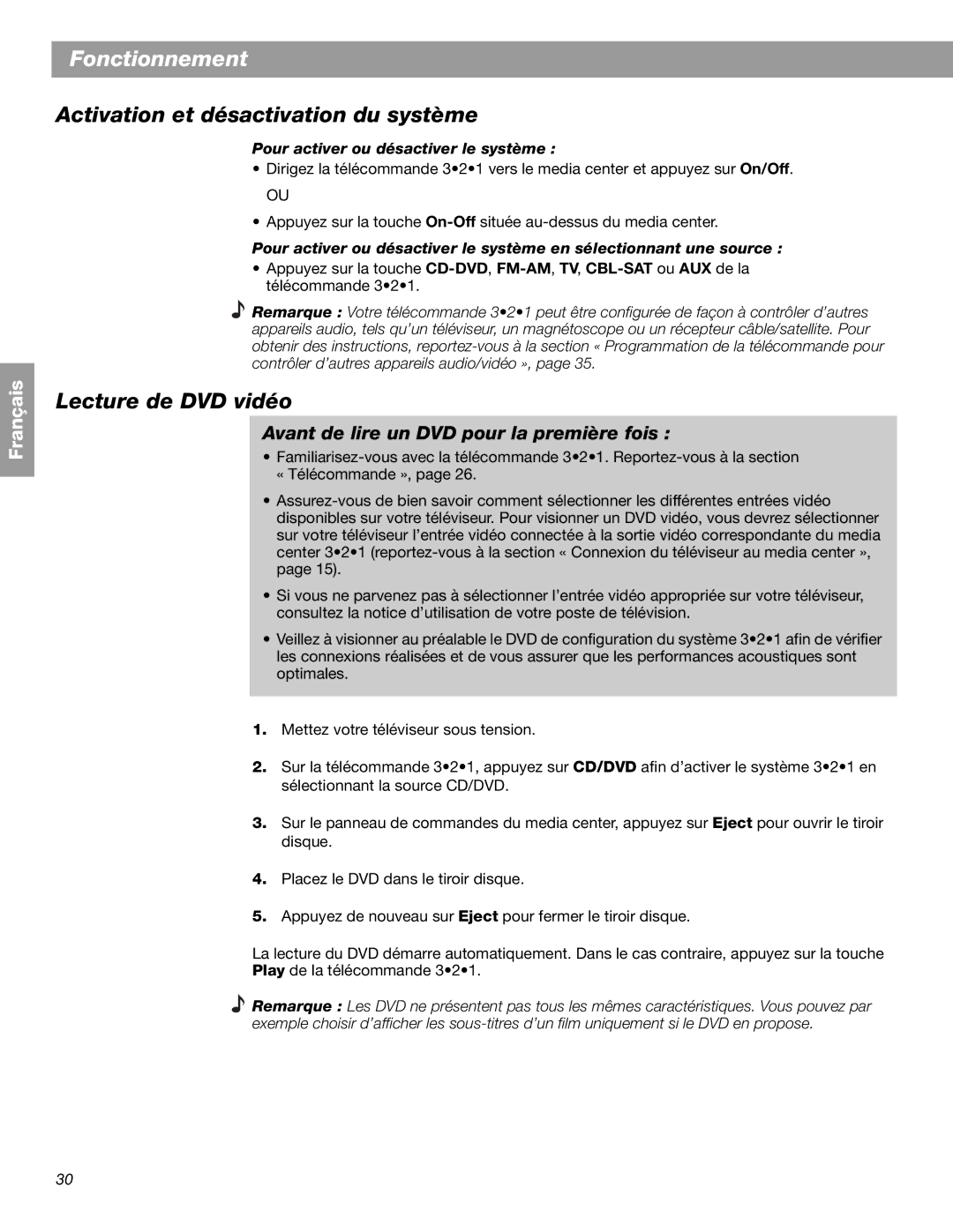 Bose 3.2.1 GS Series II, 3.2.1 Series II Fonctionnement, Activation et désactivation du système, Lecture de DVD vidéo 