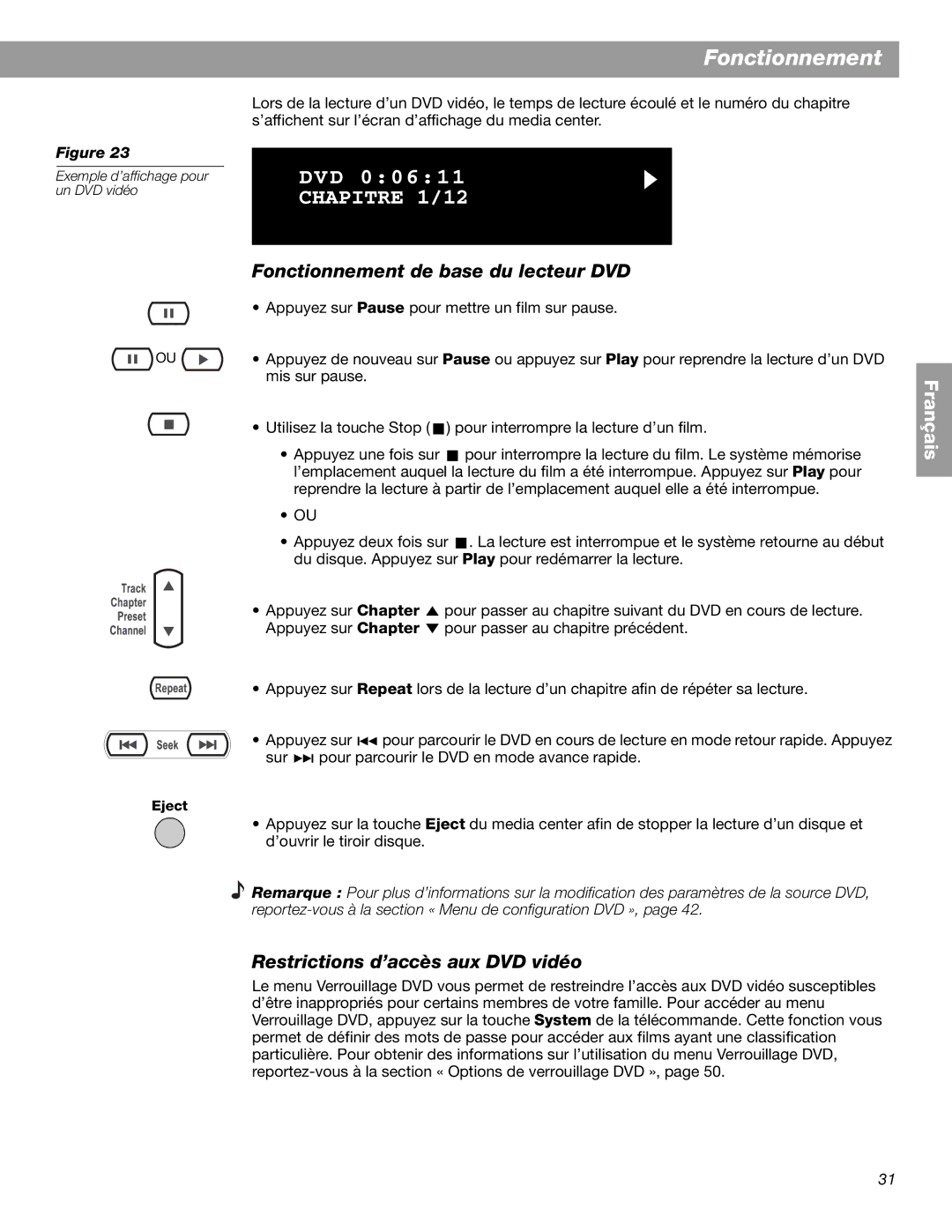 Bose 3.2.1 GS Series II, 3.2.1 Series II manual Fonctionnement de base du lecteur DVD, Restrictions d’accès aux DVD vidéo 