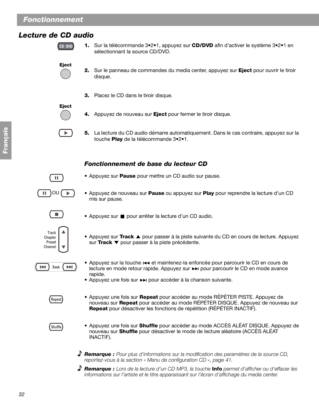 Bose 3.2.1 GS Series II, 3.2.1 Series II manual Lecture de CD audio, Fonctionnement de base du lecteur CD 