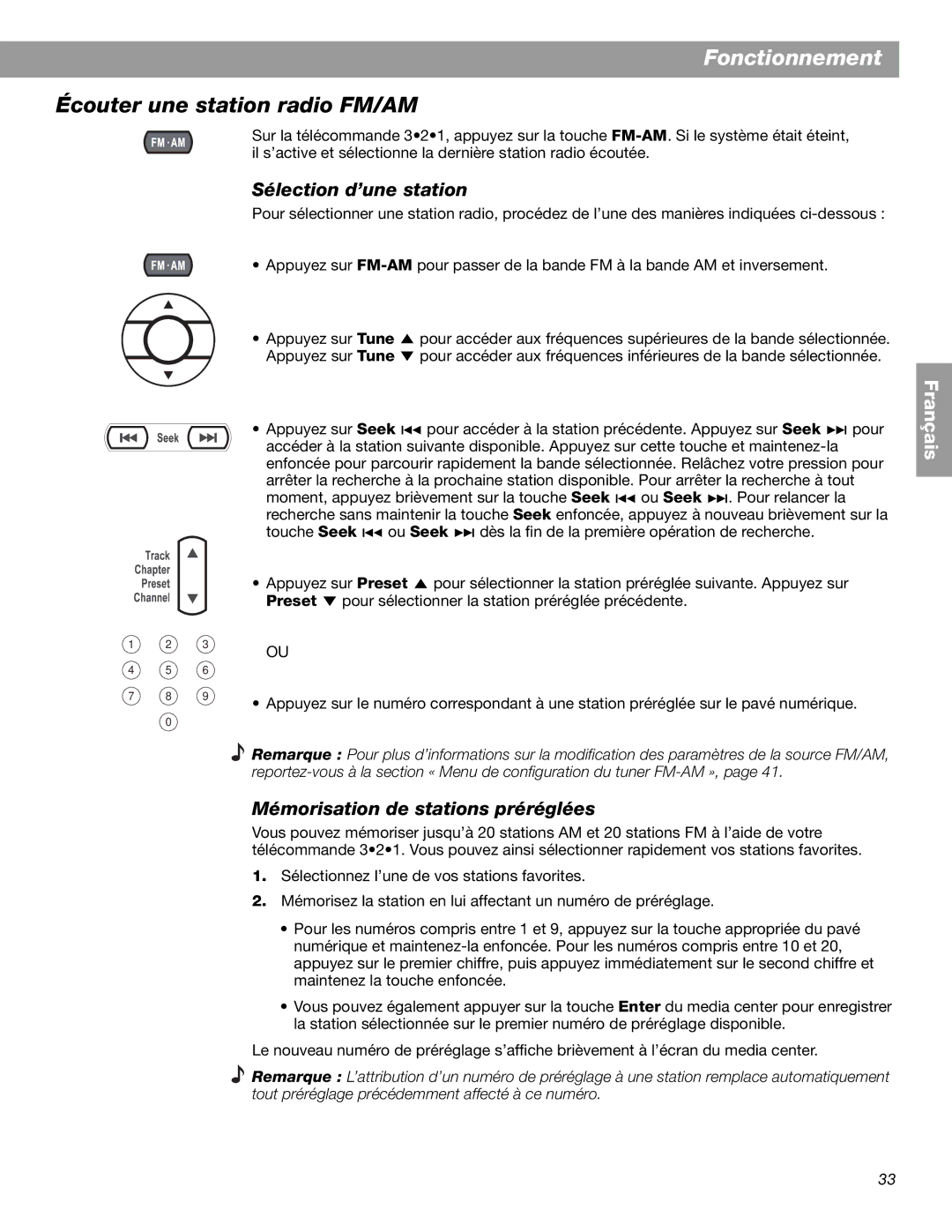 Bose 3.2.1 GS Series II, 3.2.1 Series II manual Écouter une station radio FM/AM, Sélection d’une station 