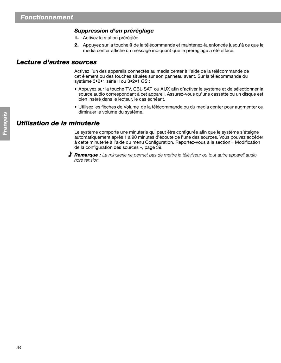 Bose 3.2.1 GS Series II, 3.2.1 Series II manual Lecture d’autres sources, Utilisation de la minuterie 