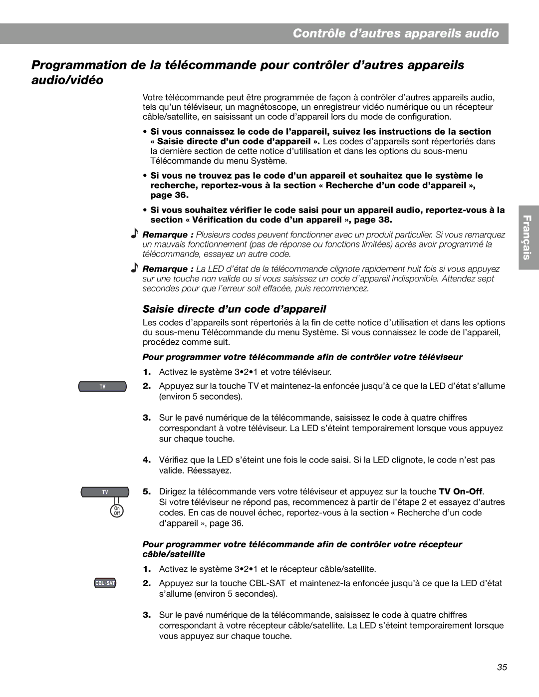 Bose 3.2.1 GS Series II, 3.2.1 Series II manual Contrôle d’autres appareils audio, Saisie directe d’un code d’appareil 