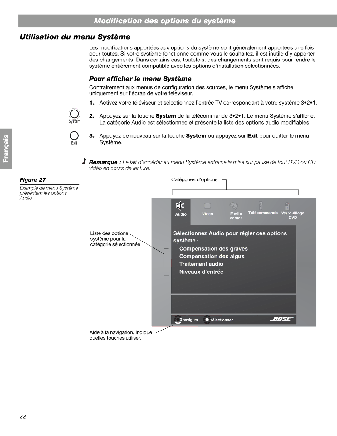 Bose 3.2.1 GS Series II, 3.2.1 Series II manual Modification des options du système, Utilisation du menu Système 