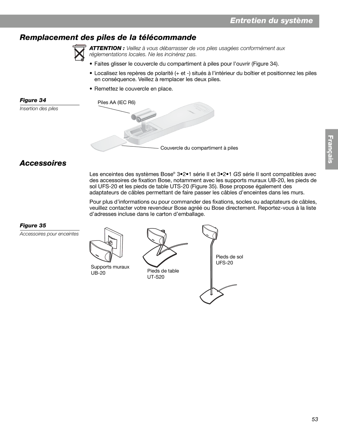 Bose 3.2.1 GS Series II, 3.2.1 Series II manual Remplacement des piles de la télécommande, Accessoires 