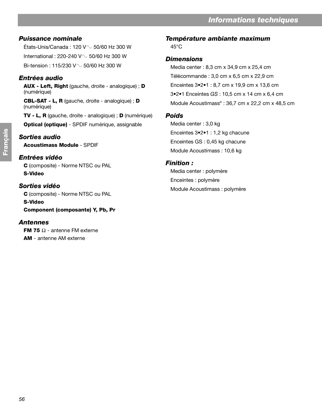 Bose 3.2.1 GS Series II, 3.2.1 Series II manual Informations techniques 