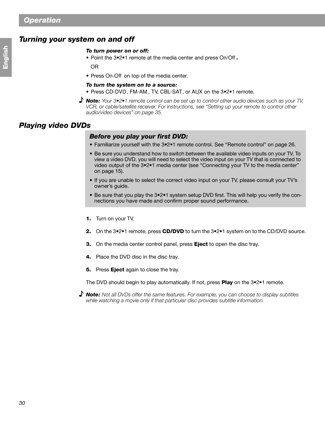 Bose 3.2.1 GS Series II, 3.2.1 Series II manual Operation, Turning your system on and off, Playing video DVDs 