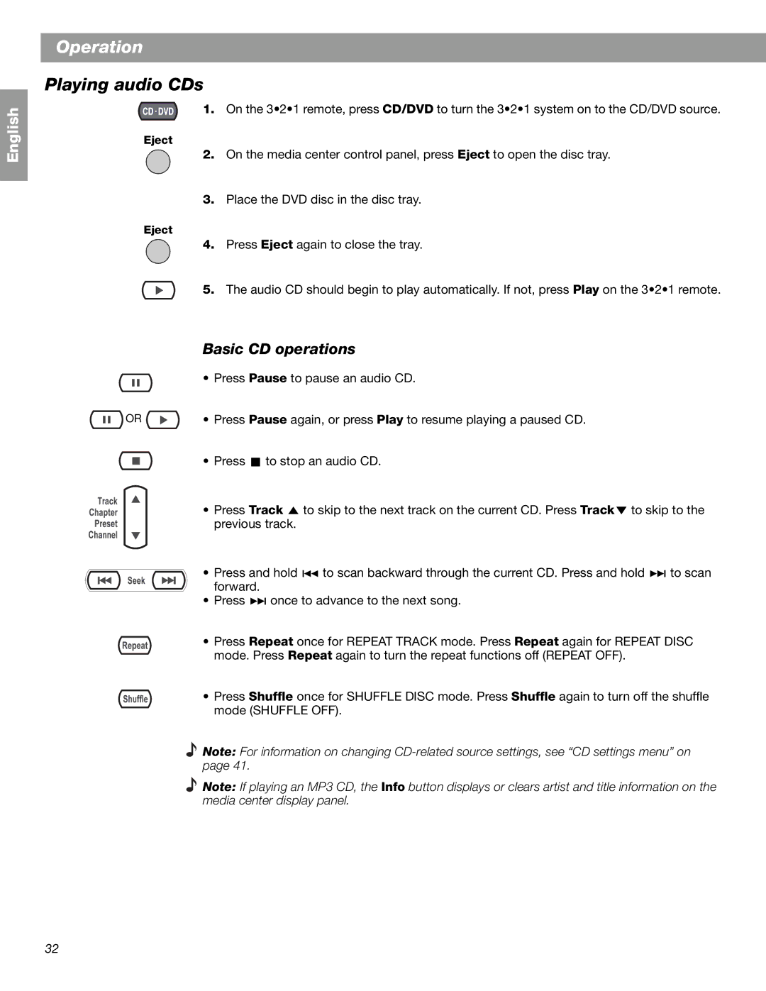 Bose 3.2.1 GS Series II, 3.2.1 Series II manual Playing audio CDs, Basic CD operations 