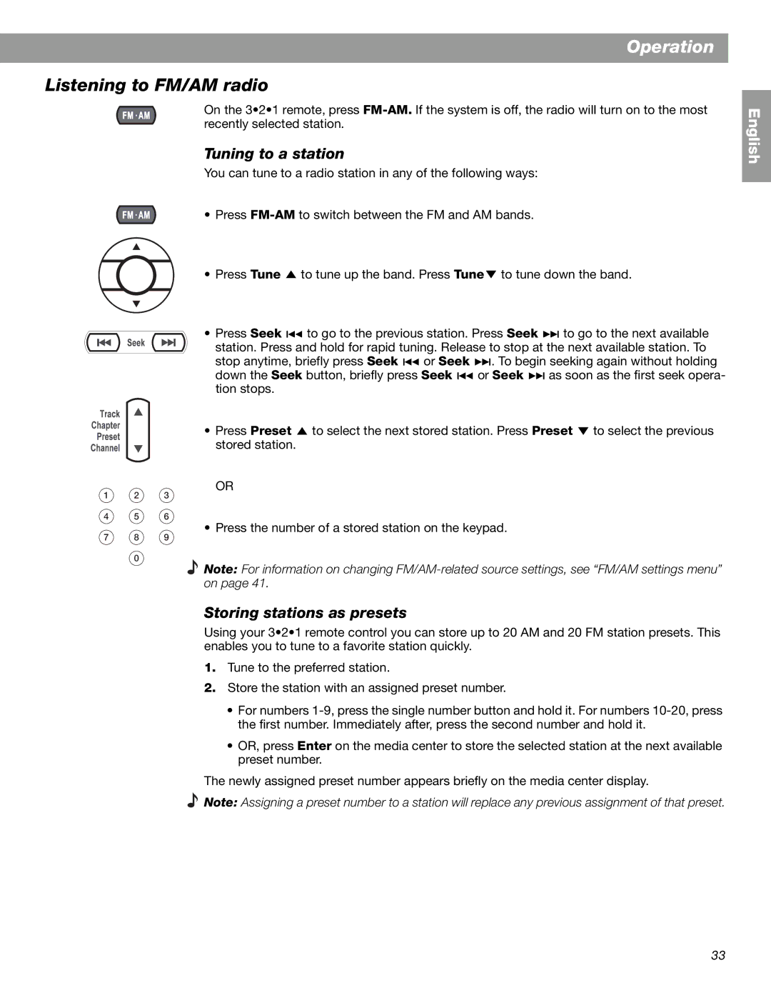 Bose 3.2.1 GS Series II, 3.2.1 Series II manual Listening to FM/AM radio, Tuning to a station, Storing stations as presets 