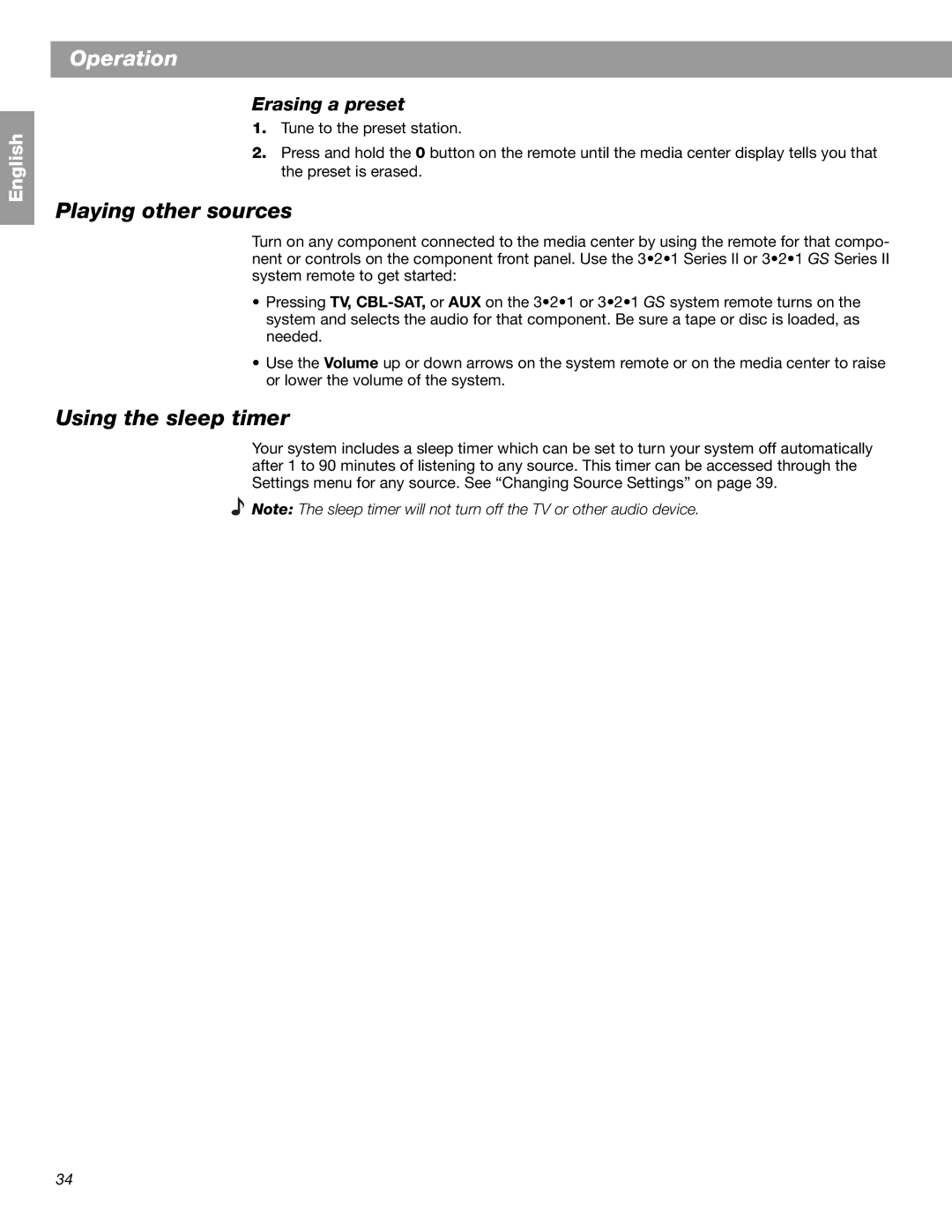 Bose 3.2.1 GS Series II, 3.2.1 Series II manual Playing other sources, Using the sleep timer, Erasing a preset 